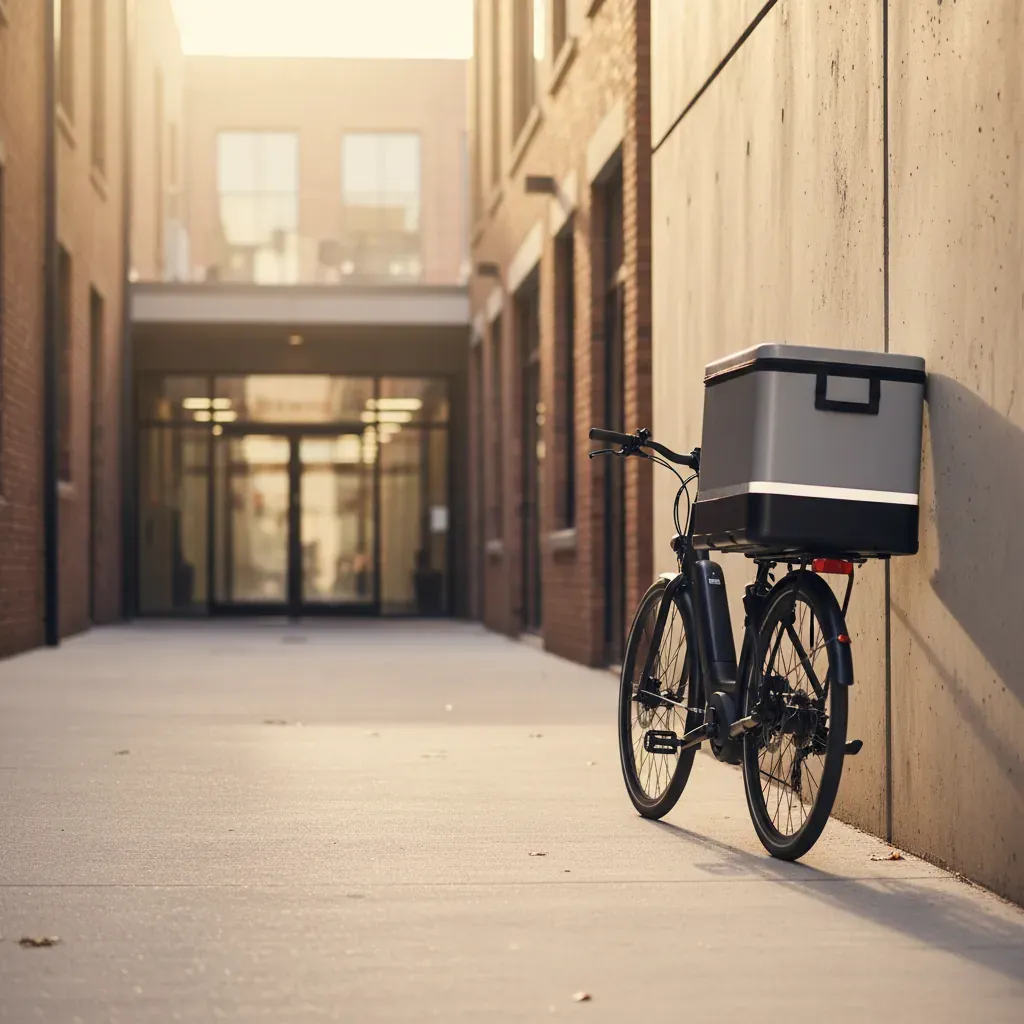 A delivery bicycle leans against a sunlit concrete wall in a quiet alley, showing how self storage aids last-mile logistics.