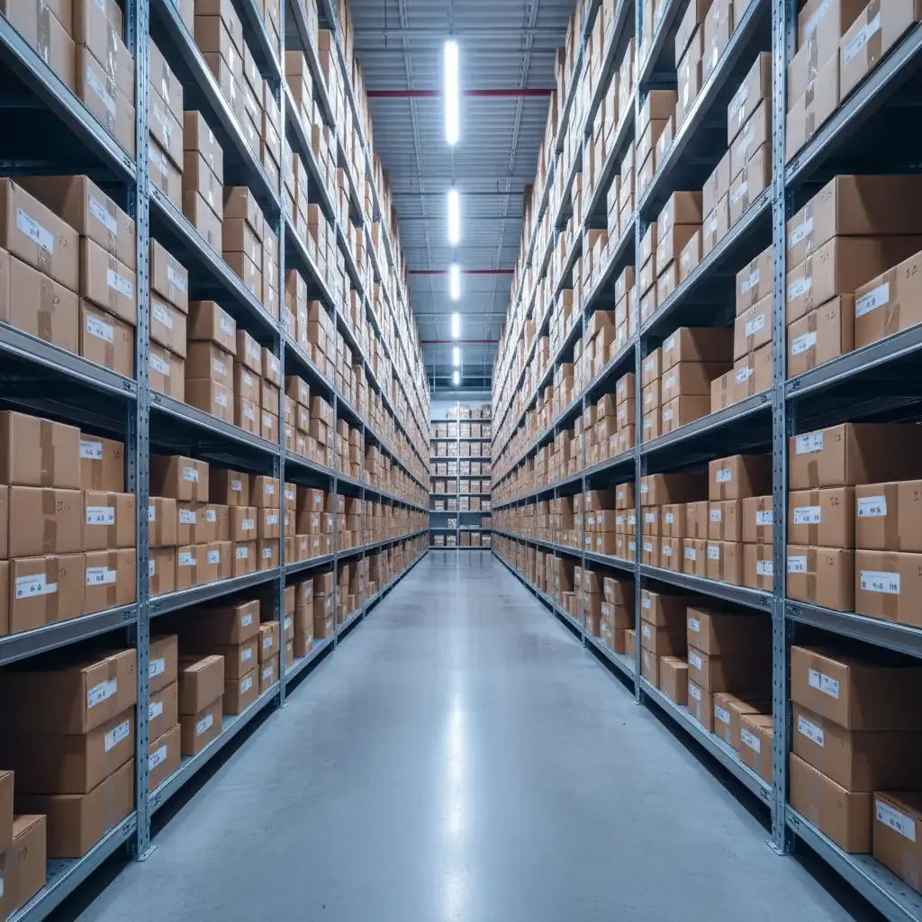 Neatly stacked cardboard boxes fill a clean storage unit in precise rows, showing scale for e-commerce logistics.