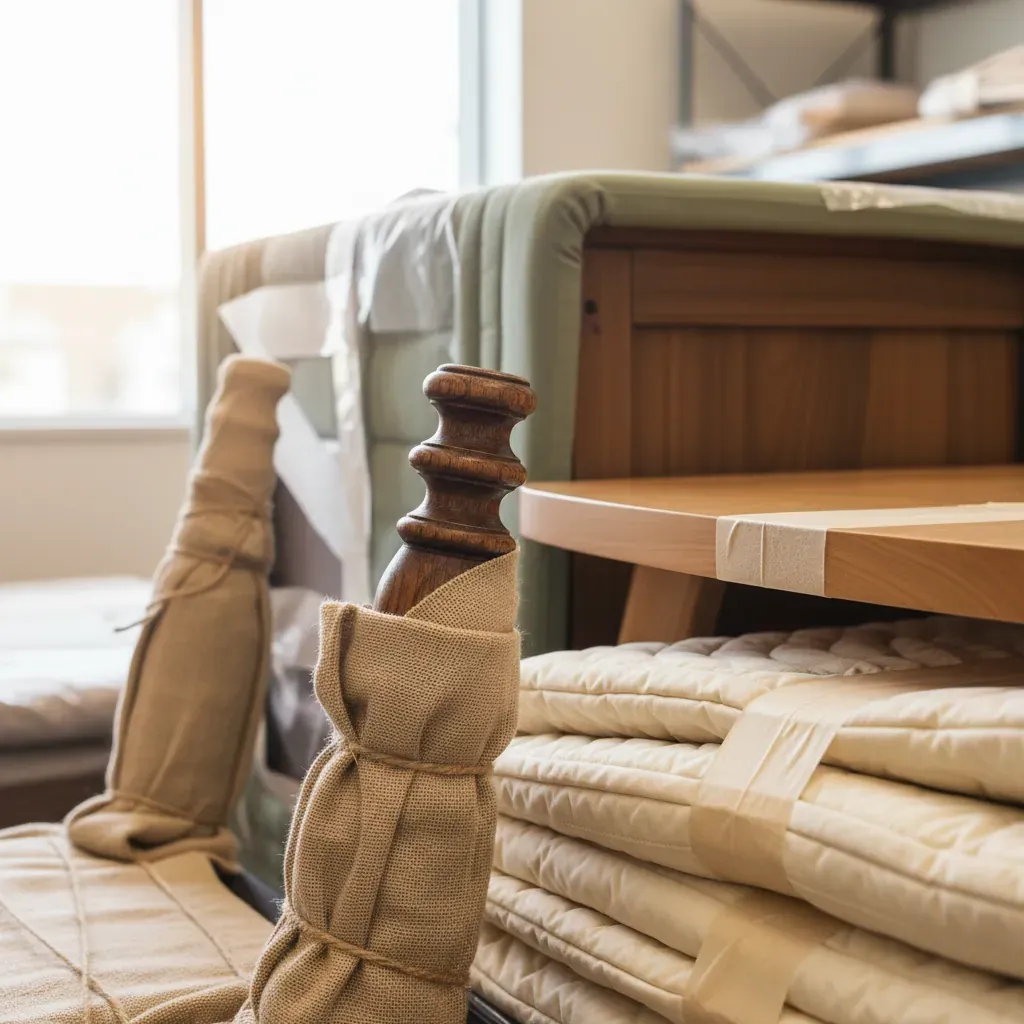 Carefully wrapped wooden furniture pieces including a chair leg and table edge glow in soft light within a storage unit.