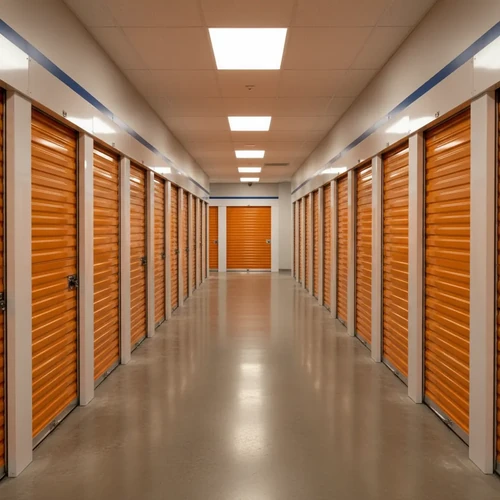 A sleek, modern storage hallway features symmetrical rows of orange metal doors under warm lights and polished floors.