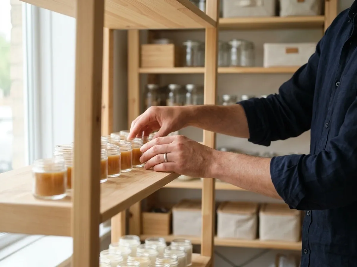 A person’s hands carefully organize small product containers on minimalist wooden shelves in soft natural light.