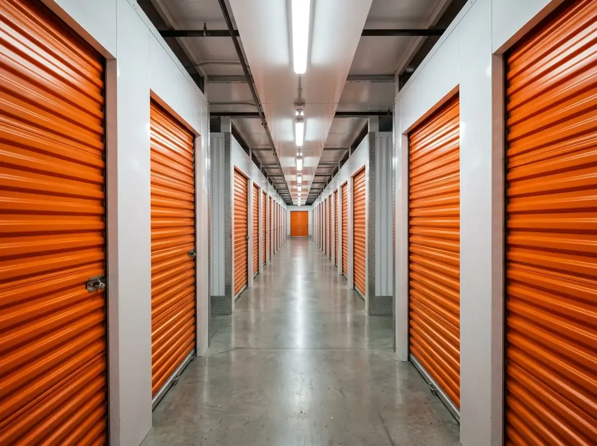 A wide-angle view of a modern storage facility corridor with rows of orange metal doors under bright ceiling lights.