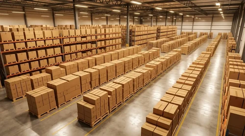 An aerial view of neatly organized cardboard boxes on pallets inside a bright, modern warehouse with polished floors.