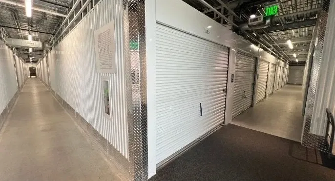 Interior view of climate-controlled storage units in a facility.