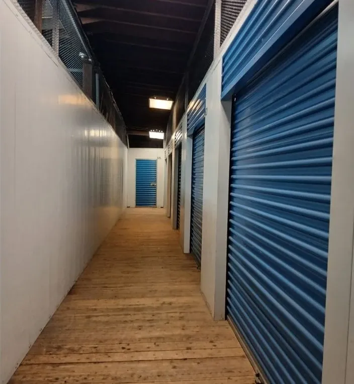 Interior view of storage units with organized shelves and boxes.
