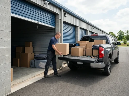 A man carefully unloads boxes from the bed of his truck into a drive-up storage unit