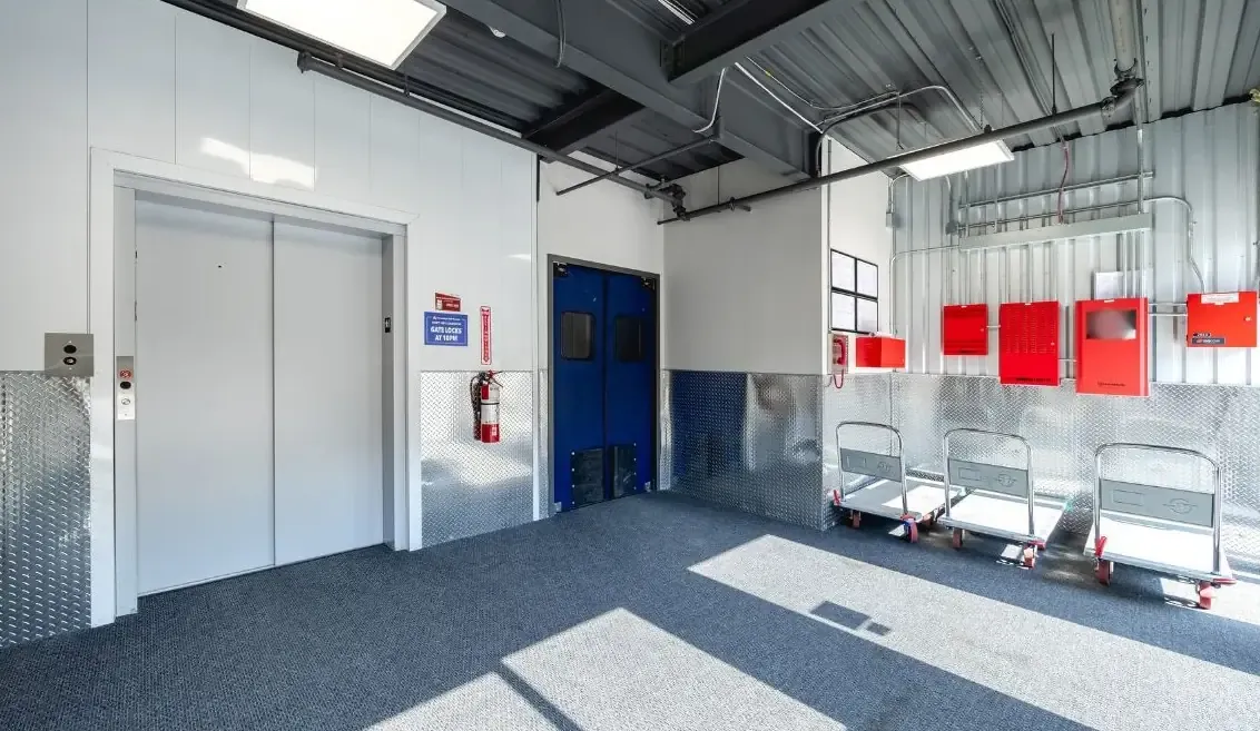 Elevator in a storage facility for moving items between floors.
